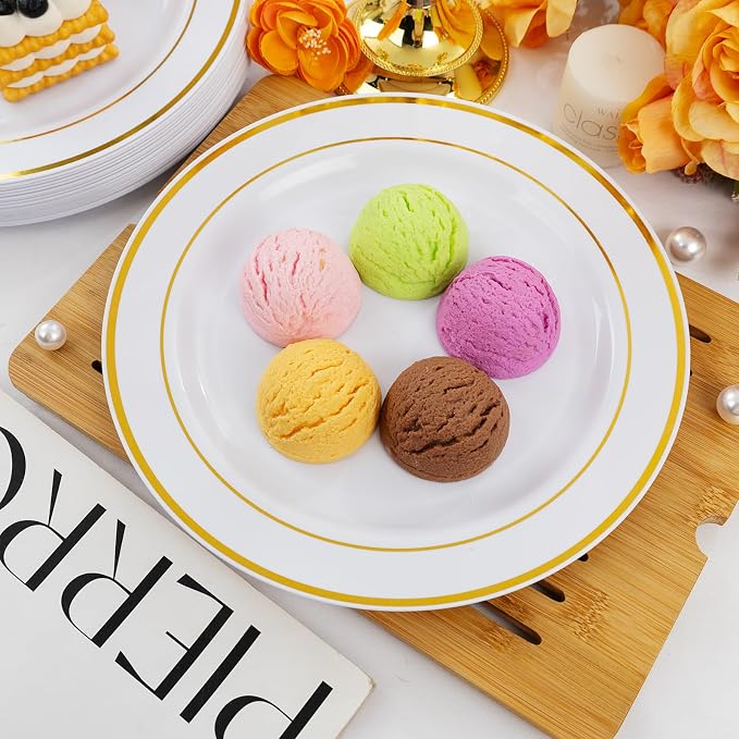 bUCLA 30PCS White and Gold Plastic Dinner Plates Disposable - 10.25inch Premium White Gold Rim Plates, Ideal for Wedding & Party