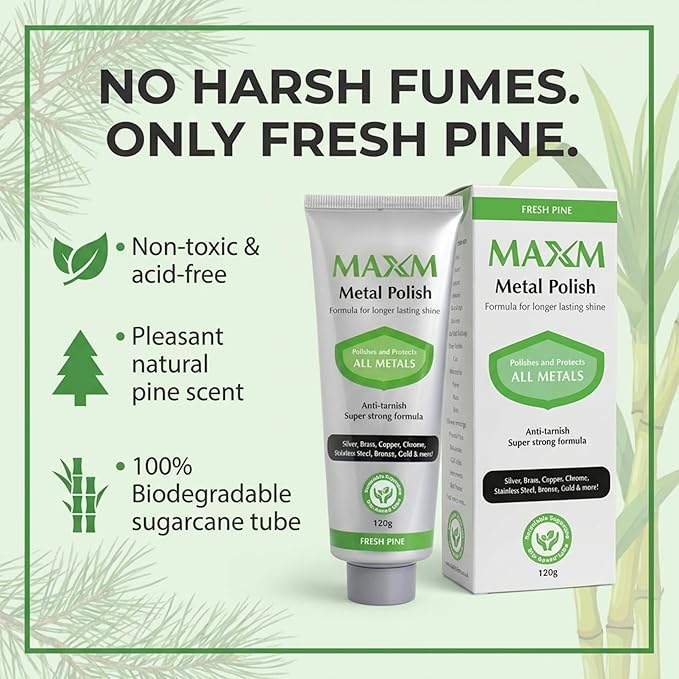 maxm Metal Polish Paste for Stainless Steel Polish, Chrome Polish & Aluminum Polish – Rust Remover for Metal, Stainless Steel Scratch Remover, Polishing Compound Non-Toxic, Fresh Pine Scent, 4.2 oz