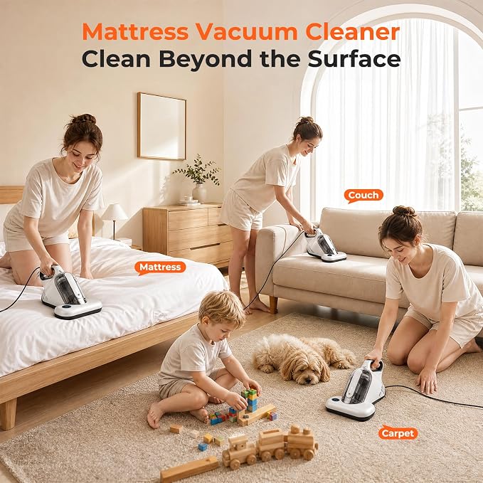 UV Mattress Vacuum Cleaner 16Kpa, Bed Vacuum with Smart Dust Sensor & HEPA Filter, 450W Couch Cleaner Machine for Pet Hair, Upholstery, Bed, Sofa Deep Cleaning
