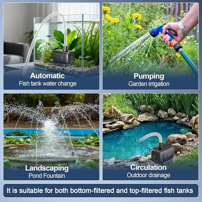 hygger 2-in-1 666GPH Submersible Pump 45W,Side and Bottom Suction Fountain Water Pump with 9.8ft High Lift,Quick Water Change with 4 Interchangeable Nozzles for Aquarium, Fish Tank, Hydroponics,Pond