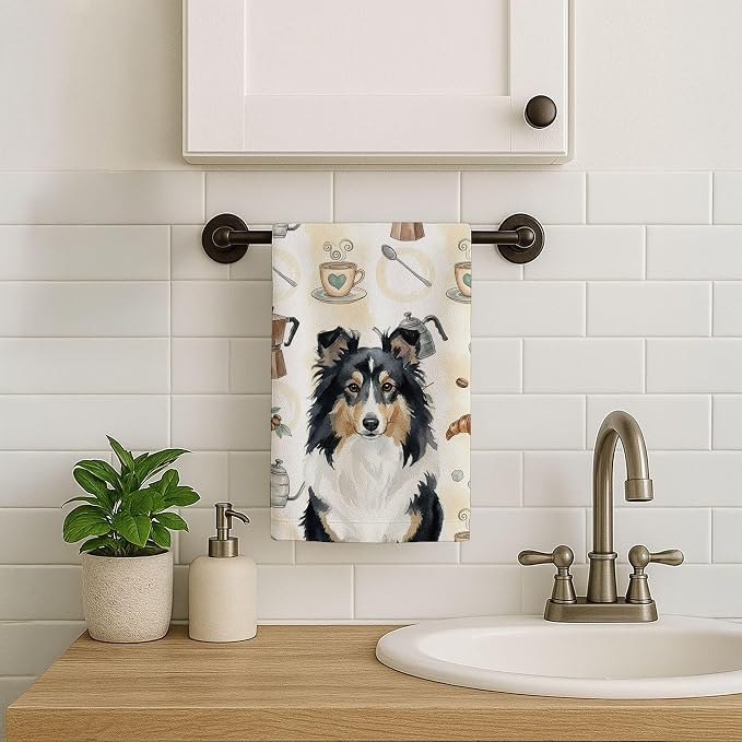 Caroline's Treasures Tricolor Sheltie Coffee Bar Kitchen Towel Velour Plush Front and Cotton Loop Back Machine Washable