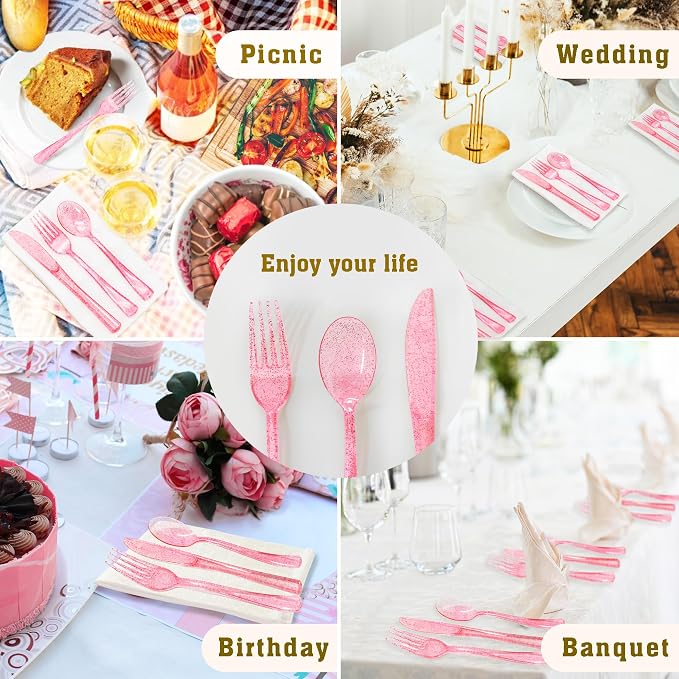 150 Pcs Pink Silverware Set Heavy Duty Pink Plastic Silverware - 50 Forks, 50 Knives, 50 Spoons for Brithday, Valentine's Day, Wedding, Baby Shower, Bridal Shower