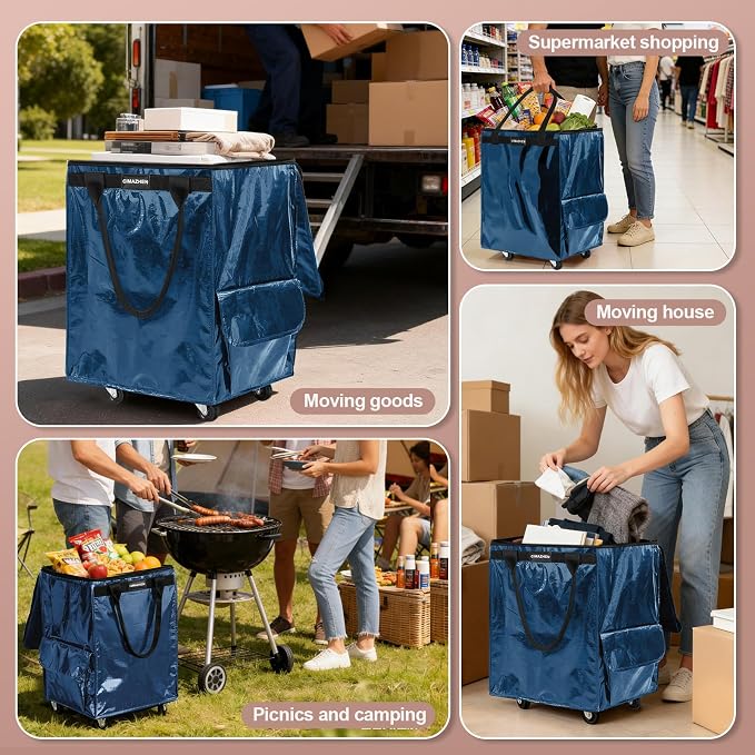 (Medium,Navy Blue) Reusable Grocery Bag on 4 Wheels, 70L Foldable Rolling Tote Bag with 3 Handles and Zipper, Rolling Shopping Cart for Groceries, Storage, Laundry, Travel, Organizer, 76lb