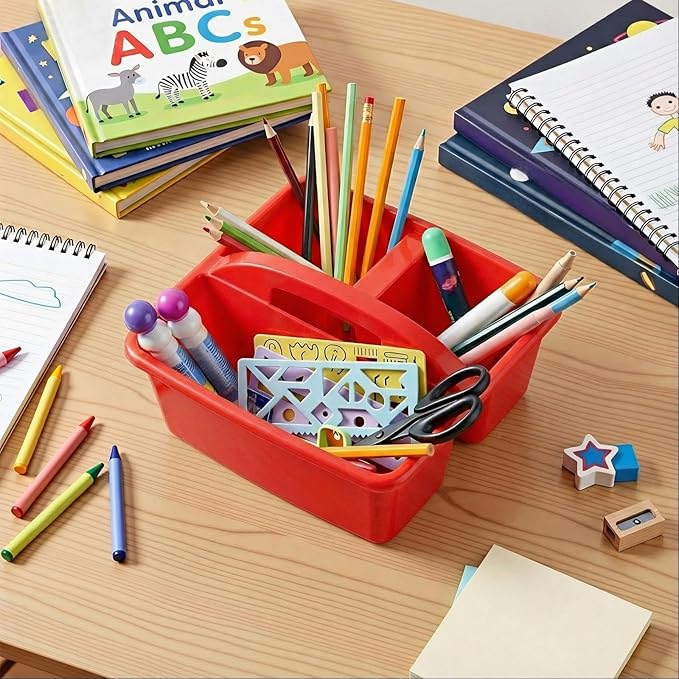 Kathfly 4 Pack Caddy Organizer with Handle, Stackable Organization Storage, Small Plastic Basket Classroom Caddy for Table Desk Office Pencil Kids Room Craft Art Teacher School Supplies (Blue Red)