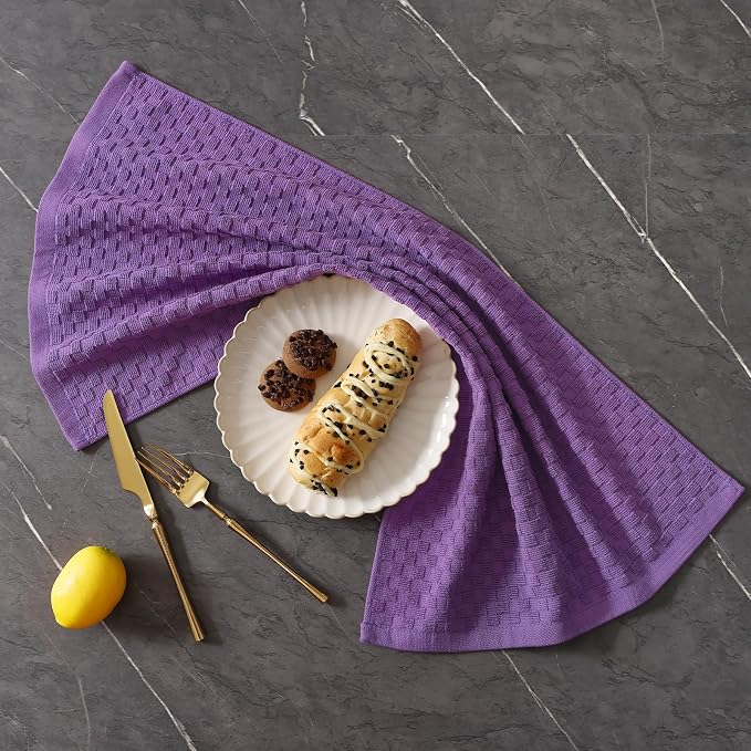 Homaxy 100% Cotton Terry Kitchen Towels(15" x 25", 8 Pack), Soft and Super Absorbent Dish Towels, 380 GSM Reusable Tea Towel with Hanging Loop, Pineapple Grid Designed, Purple
