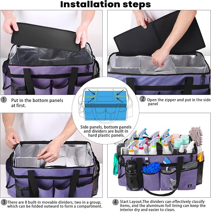Extra large Cleaning Caddy Bag Built-in Sturdy Support Board, Cleaning Organizer with Detachable Divider, Cleaning Supply Tote with Adjustable Shoulder Strap (Purple, 19'' x 11'' x 11'')