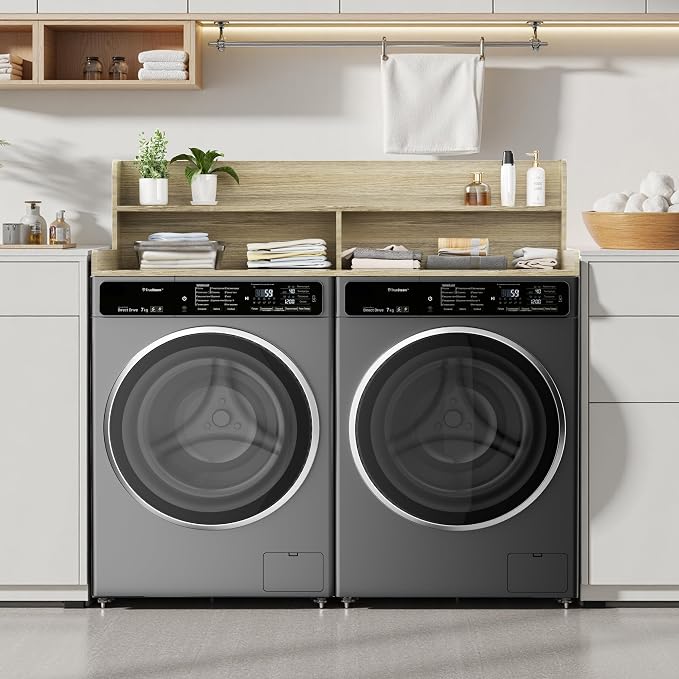 Washer Dryer Countertop with Non-Slip Pads, 2.75" H Guard, 54" W x 27.5" D Wood Laundry Countertop Cover, Large Space Washer Dryer Topper for Laundry Room Organization(Light Wood)