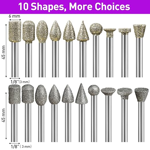46-Grit &120-Grit Diamond Grinder Bit 1/8" Shank Compatible with Dremel Rotary Tool, 22Pcs Stone Carving Diamond Drill Bits for Carve Engrave Polish Wood Resin Porcelain Ceramic Quartz Metal