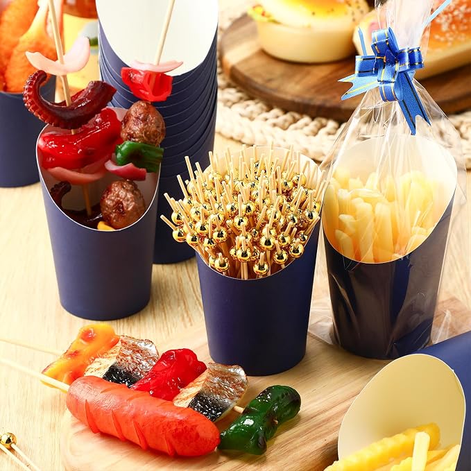 Bokon 100 Set 14 oz Charcuterie Cup with Stick and Bag, Disposable French Fries Snack Popcorn Dessert Fruit Holder for Birthday Wedding Graduation Party Supplies(Blue)