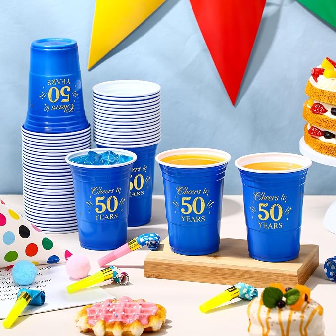 Ziliny 50 Pack 50th Birthday Cups 16 oz Cheers to 50 Years Disposable Plastic Cups Gold and Blue Birthday Party Hot Cold Drinks Tool for Party Wedding Anniversary Supplies Decorations