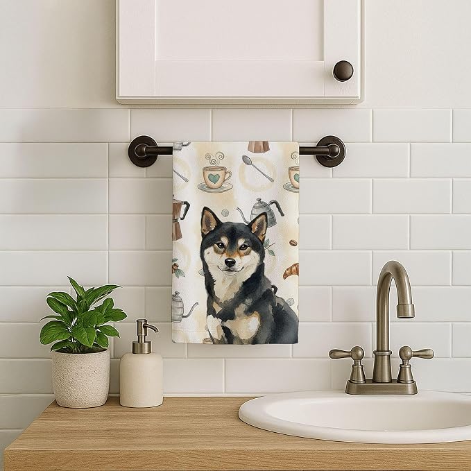 Caroline's Treasures Black and Tan Shiba Inu Coffee Bar Kitchen Towel Velour Plush Front and Cotton Loop Back Machine Washable