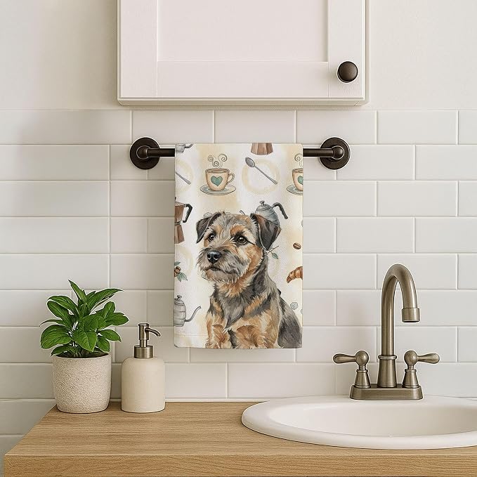 Caroline's Treasures Grizzle and Tan Border Terrier Coffee Bar Kitchen Towel Velour Plush Front and Cotton Loop Back Machine Washable