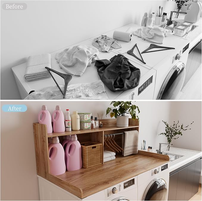 Unionly 2-Tier Washer Dryer Countertop with Clothes Rail,Laundry Topper with Edge and Non-Slip Pad for Washer and Dryer Laundry Hamper Counter Storage Organization (Light Oak Brown, Full)
