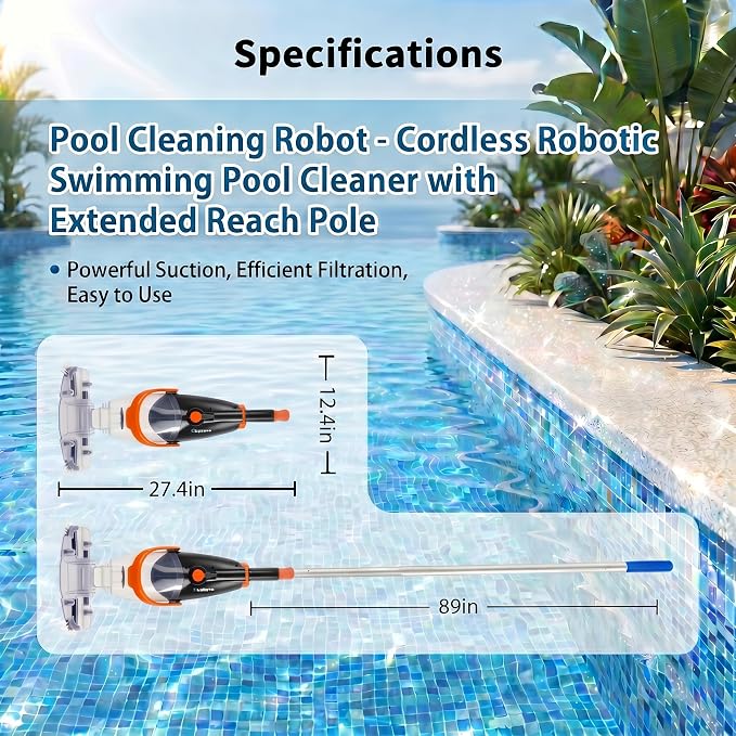 Handheld Pool Vacuum Cleaner, Rechargeable Pool Bottom Cleaner with Strong Suction, 1 H Runtime, 89 inchs Extension Pole,for Above Ground/Inground Pools, Spas and Hot Tubs, Orange and White