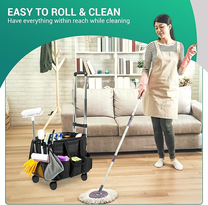 Large Rolling Cleaning Caddy Bag w/Detachable Trolley & Lid - Portable Cleaning Cart on Wheels w/Shoulder Strap & Waist Pouch - Cleaning Supplies & Tool Organizer for Home, Office, Car (Black)