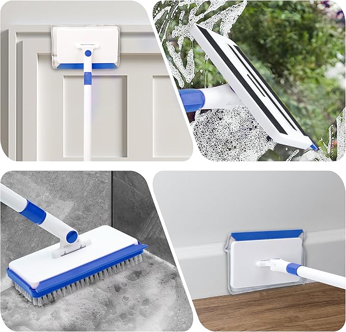 Baseboard Cleaner Tool with Long Handle,Wall Cleaner Mop with Extendable Handle 1 Stiff Bristles mop Head and 4 Reusable Cleaning Pads,Duster for Cleaning Tile Ceiling Window Skirting Board (Blue)