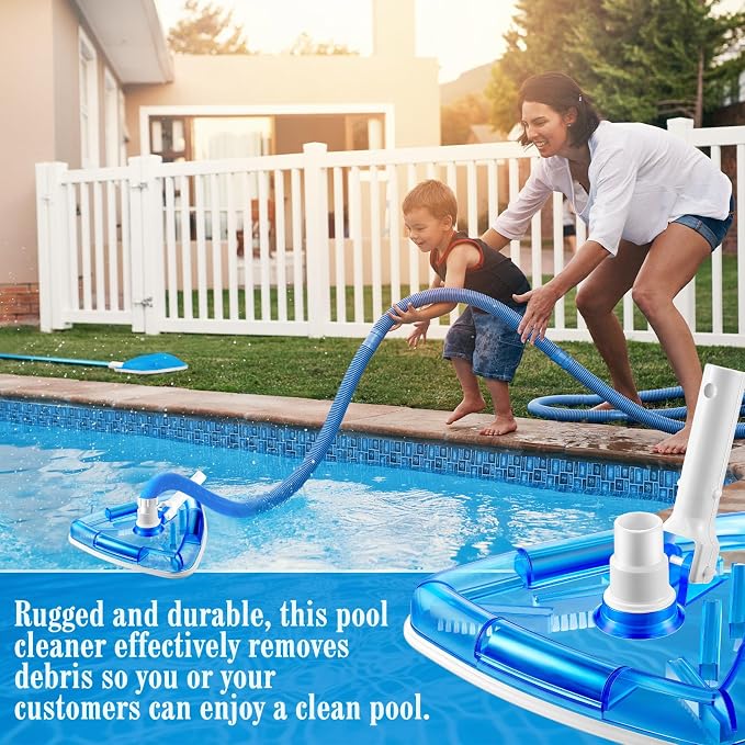 Qinyoung 2 Pcs Swimming Pool Cleaning Kit 1-1/4 Inch x 18 ft Pool Vacuum Hose with Swivel Cuff Triangular Weighted Pool Vacuum Head Connect 1-1/4" or 1-1/2" Hose for Above Ground Inground Pools, Blue