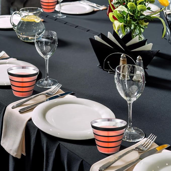 Gejoy 9 oz 50 Pcs Black Rimmed Stripe Plastic Cups Bulk Disposable Wine Hard Plastic Drinking Cocktail Cups Tumblers for Wedding Gathering Party Supplies(Black)