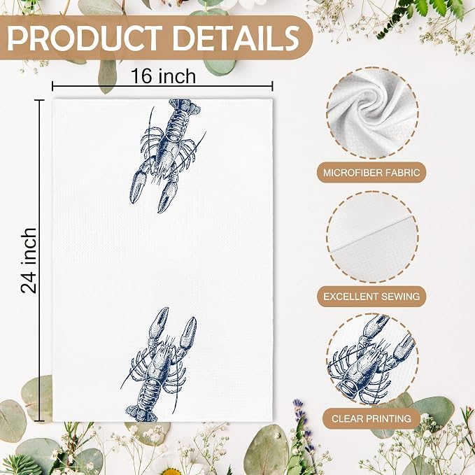 Coastal Lobster Crayfish Beach Decor Dish Hand Tea Towels for Bathroom Kitchen, Lobster Ocean Beachy East Coast Bathroom Decor Gifts, Nautical Kitchen Towels and Dishcloths Sets of 2, 16x24in