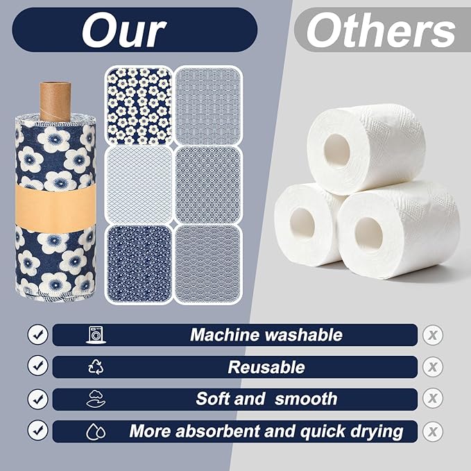 Redbaker 30 Pcs Reusable Paper Towels Rolls Kitchen Towels Bulk Washable Paperless Cloth Cotton Hand Napkins with Cardboard Reusable Napkins for Kitchen Bathroom (Geometric Style)