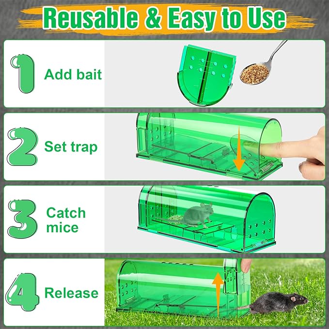 4 Pcs Humane Mouse Traps No Kill, Live Mouse Trap, Reusable Mice Trap Catch for House & Outdoors
