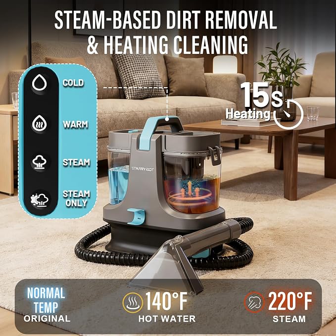 Starrybot Portable Carpet Cleaner Machine with Steam and Heating Techology,18Kpa Powerful Suction with Versatile Tools for Pets, Couch,Spot Cleaner for Stairs/Furniture/Rug(Gray)