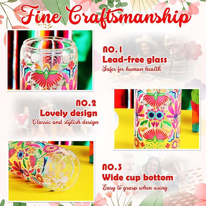 Sliner 2 Pcs Mexican Glass Cups Fiesta Cinco De Mayo Drinking Tumbler Mandala Flower Gifts 16 oz Iced Coffee Cup with Lid Straw Cleaning Brush for Home Office Holiday Decorations