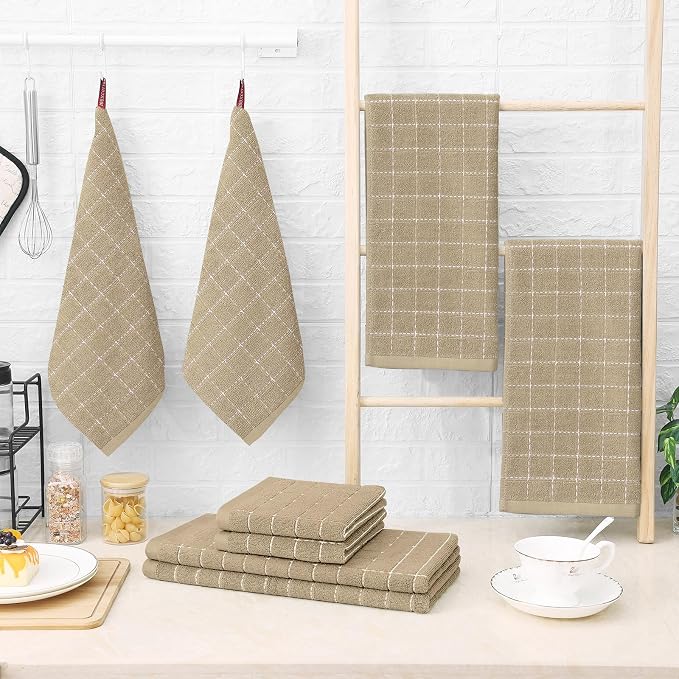 Homaxy Kitchen Towels and Dishcloths Set, 12 x 12 and 13 x 28 Inches, Set of 12 Bulk Cotton Terry Kitchen Towels Set, Checkered Designed, Soft and Super Absorbent Dish Towels, Tan