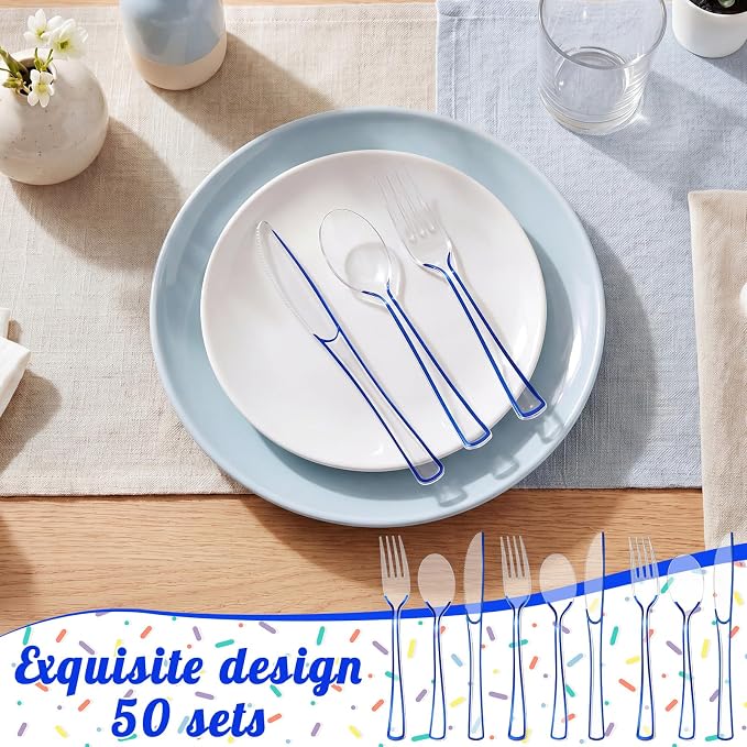 Minatee 150 Pcs Blue Plastic Silverware, Clear Disposable Cutlery Set Heavy Duty Utensil Sets 50 Forks 50 Knives 50 Spoons for Birthday Party Home Office School Picnics Restaurant Outdoor Events