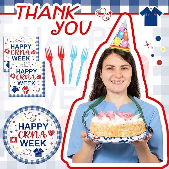 Remerry 96 Pcs Happy CRNA Week Party Supplies Nurse Anesthetist Appreciation Plates and Napkins Set Decoration Thank You Staff Disposable Plates for CRNA Week Party Supplies