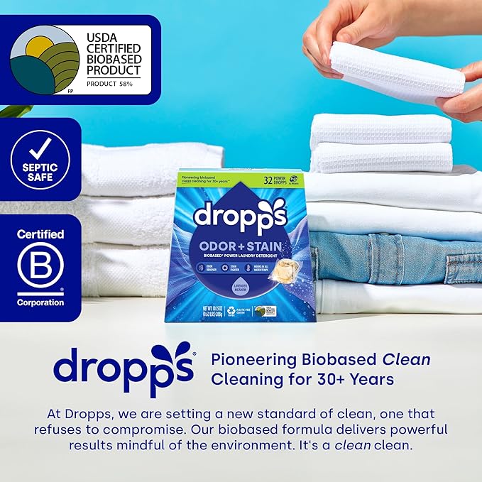 Dropps Odor & Stain Laundry Detergent Pods, Lavender Meadow (32 Count) - Powerful Laundry Pods | Complete Clean Laundry Soap | Fights Odors & Stains | Clean Ingredients | Plastic Free Packaging