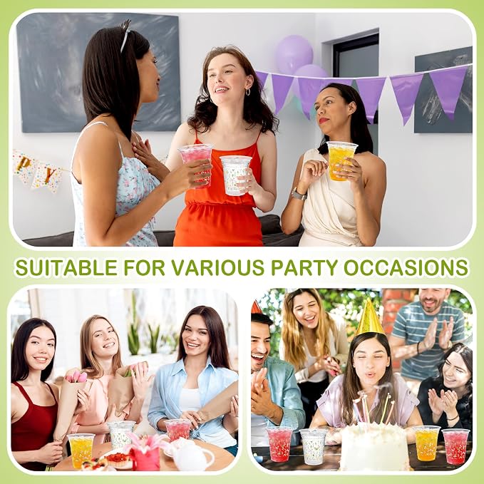 Qinyoung 50 Pcs Plastic Cups 12oz Disposable Cups Bulk Drinking Cup for Cold Drinks Baby Shower Wedding Birthday Valentine's Day Party Supplies (Floral)