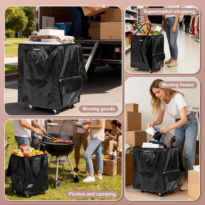 (Small,Black) Reusable Grocery Bag on 4 Wheels, 60L Foldable Rolling Tote Bag with 3 Handles and Zipper, Rolling Shopping Cart for Groceries, Storage, Laundry, Travel, Organizer, 66lb