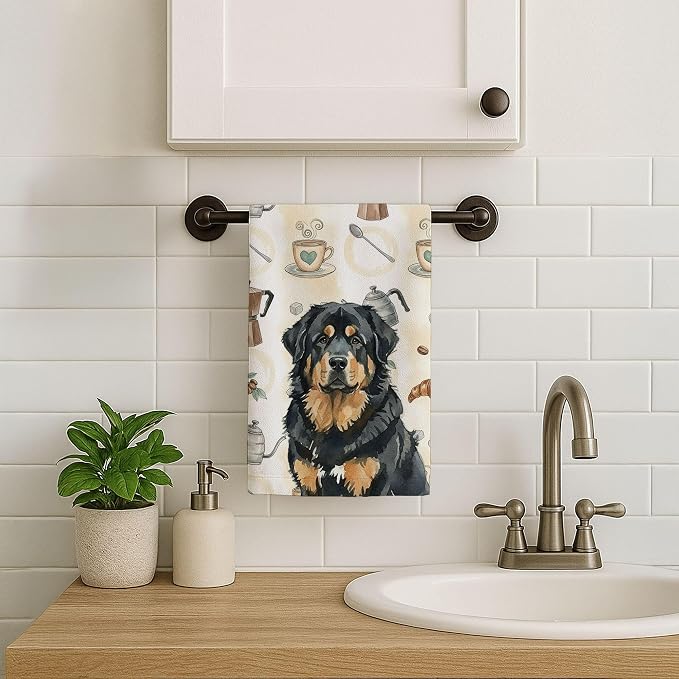 Caroline's Treasures Black and Tan Tibetan Mastiff Coffee Bar Kitchen Towel Velour Plush Front and Cotton Loop Back Machine Washable