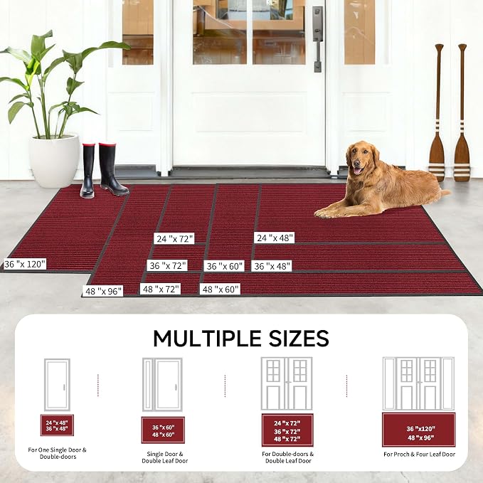 100pointONE Front Door Mat, Heavy Duty Indoor Outdoor Doormat, 48" x 36" Low Profile Outdoor Mats for Home Entrance, Stain and Fade Resistant Welcome Mat Ideal for High Traffic Area, Red