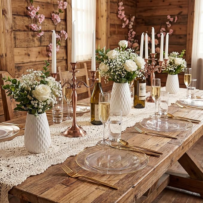 I00000 Clear Plastic Plates with Gold Rim,Fancy Clear Disposable Plates,Nice Disposable Plates Set include 30 Dinner Plate,30 Dessert Plate, 90 plastic Silverware Set for Valentine's Day