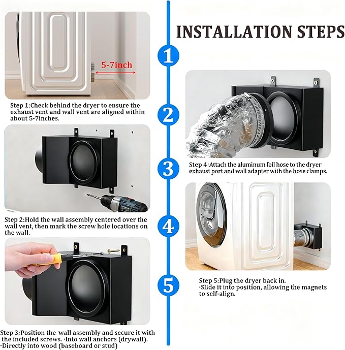 Magnetic Dryer Vent Coupler, 90 Degree Elbow Dryer Vent Connector Kit with Strong Magnetic Self-Connection, Stainless Steel Airtight Seal Dryer Venting Kit Includes 2.6ft 4IN Duct & Clamps