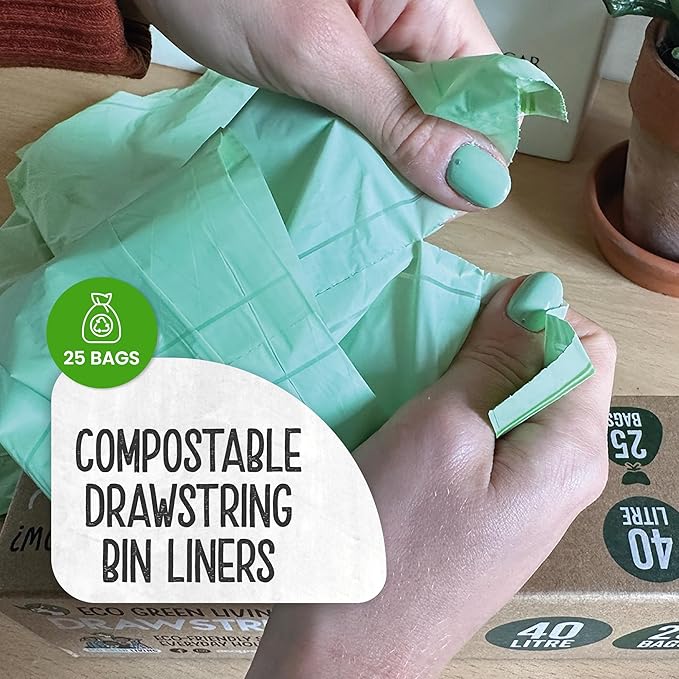 Eco Green Living 40L Compostable Biodegradable Food Waste Bin Bags, Thick, Strong & Leakproof. Caddy Liners 100% Plant-Based, Plastic-Free, Drawstring Bin Liners, Fits 30–40L Bins, 50 Bags