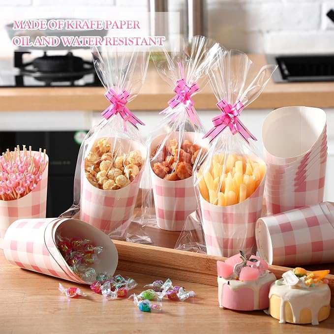 Bokon 100 Set Valentine's Day 14 oz Charcuterie Cup with Stick and Bag, Disposable Pink French Fries Snack Popcorn Dessert Fruit Holder for Birthday Wedding Valentine's Day Party Supplies