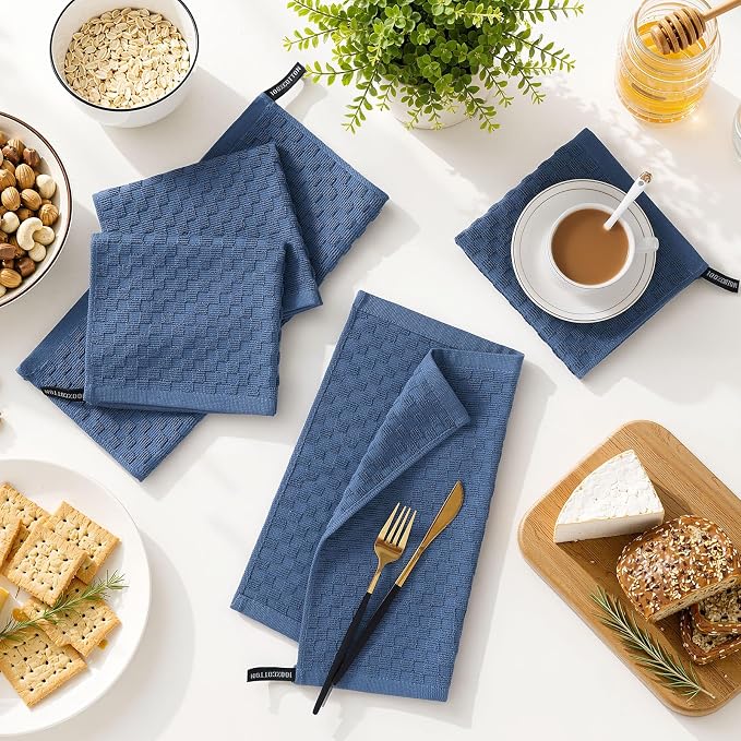 Homaxy 100% Cotton Terry Kitchen Dish Cloths, Ultra Soft Absorbent Dish Towels with Hanging Loop, Pineapple Grid Designed, 12 x 12 Inches, 6-Pack, Navy Blue