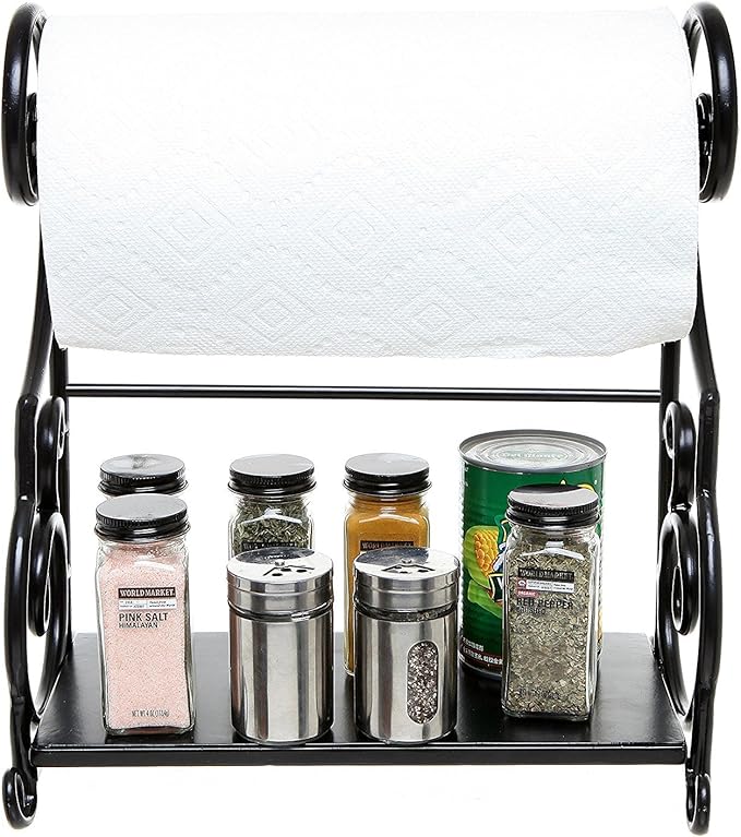 MyGift Paper Towel Holder Countertop with Shelf – Black Metal Freestanding Decorative Organizer for Kitchen, Scrollwork Design, Horizontal Storage for Spices, Napkins, and Condiments