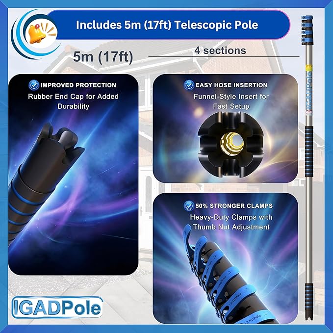 IGADPole 17 FT Water-Fed Cleaning Kit – Extendable Telescopic Pole with Soap-Dispenser, Brush & Cobweb Duster, Adjustable 5-17 FT Handle for Safe High Window, Gutter, Solar Panel & Exterior Cleaning