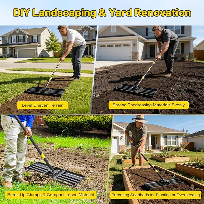 Lawn Leveling Rake,Foldable 30x10 Inch Ground Plate,72 Inch Adjustable Long Handle Yard Level Tool with Curved Edge,Heavy Duty Landscaping Lawn Leveler for Grass, Golf Field, Soil Sand Dirt Spreader