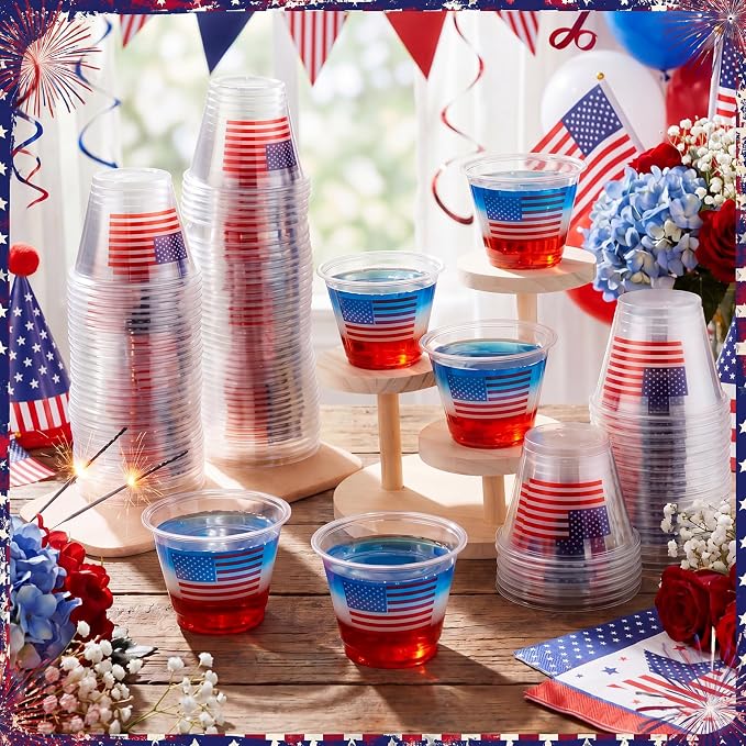 LemonRoad 100 Pack Patriotic 4th of july Cups 9 oz Star Stripe American Flag Disposable Clear Plastic Cocktail Cups Hot Cold Beverage Drinks for 250th anniversary decorations and party favors