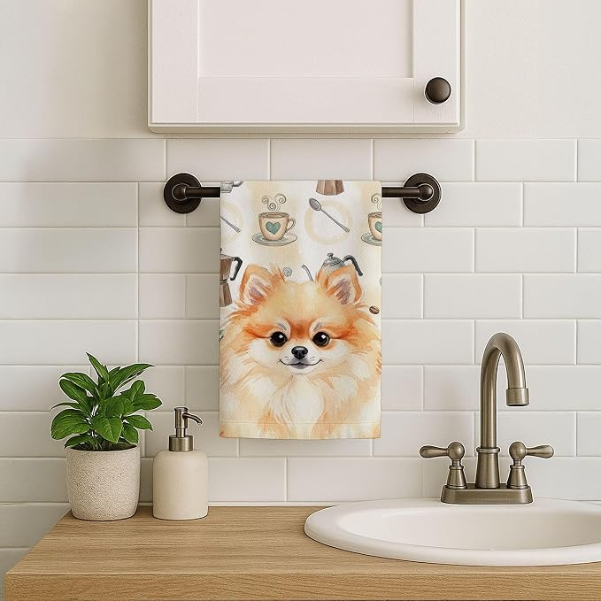 Caroline's Treasures Pomeranian Coffee Bar Kitchen Towel Velour Plush Front and Cotton Loop Back Machine Washable