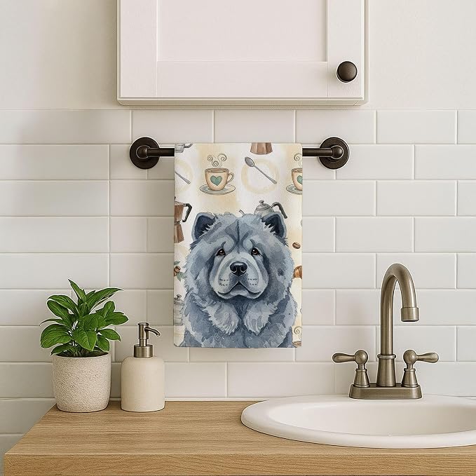 Caroline's Treasures Blue Chow Chow Coffee Bar Kitchen Towel Velour Plush Front and Cotton Loop Back Machine Washable