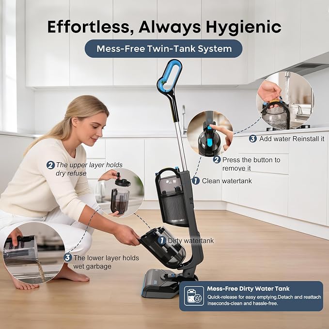 HAUSMEISTER Hydroflex Pro Max Cordless Floor Washer, 30KPA Wet Dry Vacuum Mop with Self-Cleaning Base, Vacuum and Mop Combo for Hard Floors & Pet Hair, 40Min Runtime