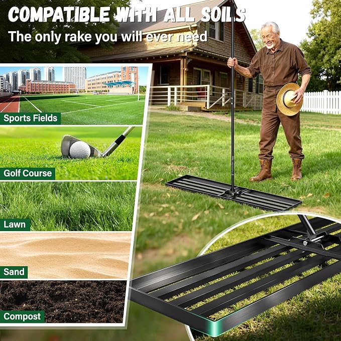 48X12 inch Lawn Leveling Rake,Leveling Rake 78" Long Handle, Yard Level Rake,Heavy Duty Leveling Rakes Suit for Garden,Golf Lawn and Farm,Effort Saving Tool for Soil Grass Golf Field