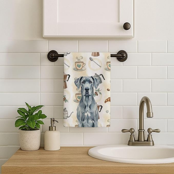 Caroline's Treasures Blue Great Dane Coffee Bar Kitchen Towel Velour Plush Front and Cotton Loop Back Machine Washable