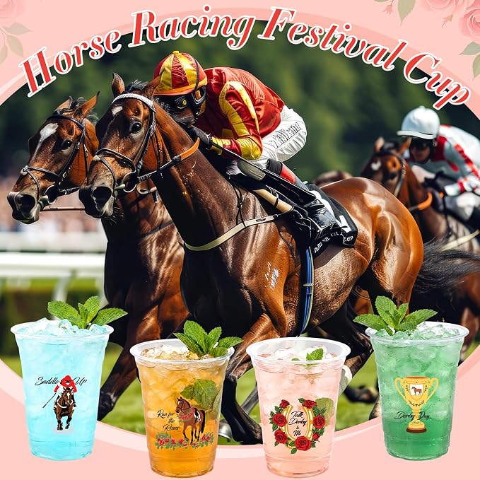 Willinglong 100 Pcs Plastic Derby Cups Bulk 16 oz Horse Racing Party Clear Thick Reusable Tumbler Cups Derby Party Supplies for Decoration Cocktails Beer Events, 4 Style